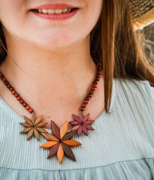 Zoom sur les détails des fleurs du collier en bois précieux Flora, révélant leur élégance et la beauté de chaque pièce.