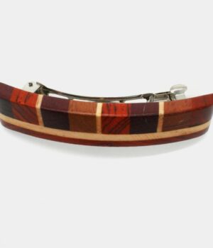 Barrette en bois de marqueterie multicolore fabriquée artisanalement avec des bois précieux.