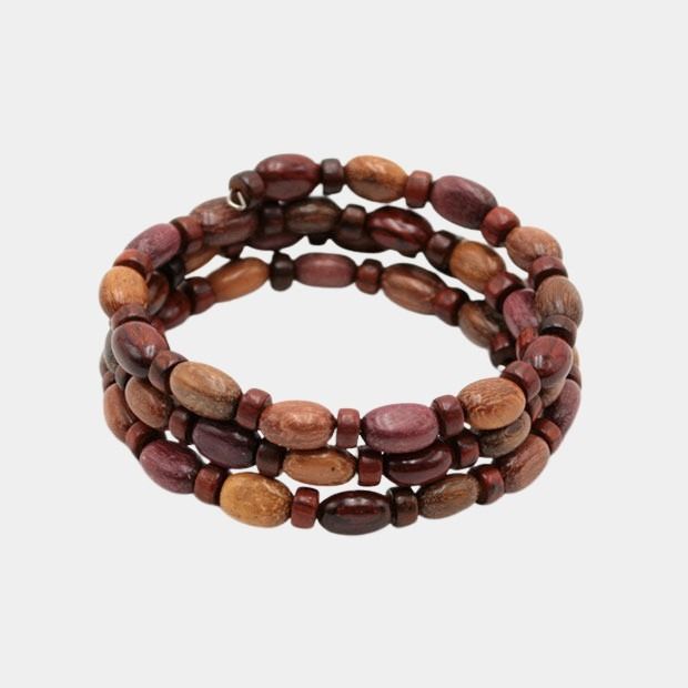 Bracelet artisanal en bois multicolore Ornea avec des perles d’Amarante, Mûrier, Néflier et Palissandre.
