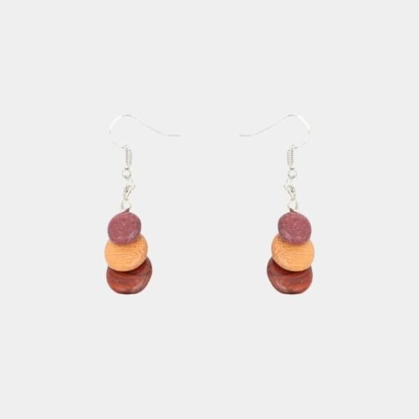 Bijoux artisanaux en bois, boucles pendantes Sasphée 3 cm avec fermoir crochet couleur argenté, modèle éco-responsable.