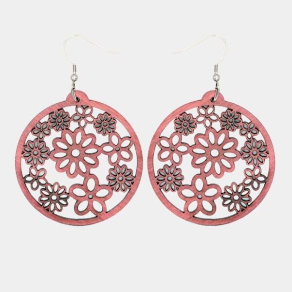 Boucles d’oreilles rondes en bois d’amarante avec motif multi-fleurs, fabrication artisanale.