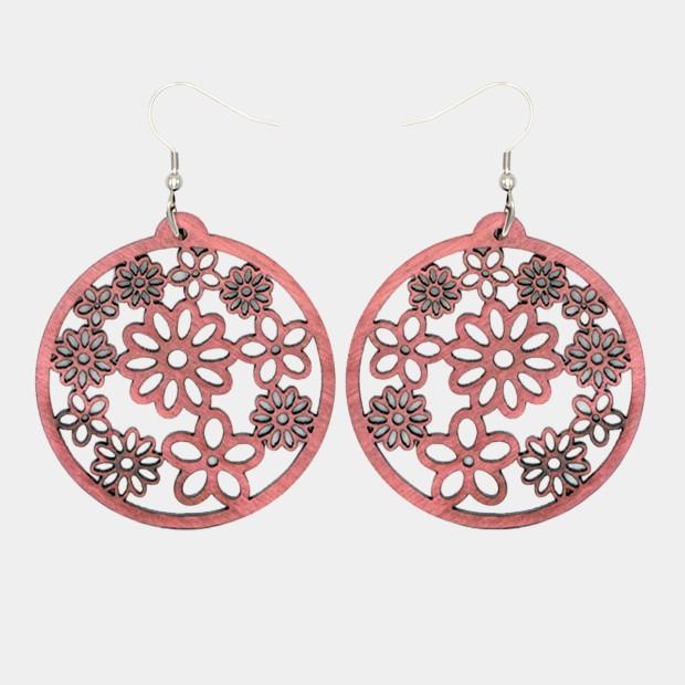 Boucles d’oreilles rondes en bois d’amarante avec motif multi-fleurs, fabrication artisanale.