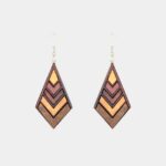 Boucles d’oreilles triangles en bois de marqueterie, essences Amarante, Murier, Néflier et Palissandre.