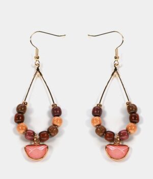 Paire de boucles d'oreilles artisanales en bois d'amarante, mûrier, néflier et palissandre avec quartz rose