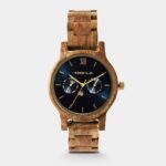Montre Blue Moon en bois de noyer avec cadran gris bleu anthracite et touches dorées