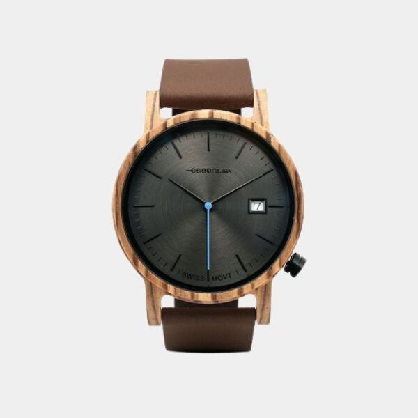 Montre homme Métro 7 en bois zébrano avec calendrier et bracelet cuir marron
