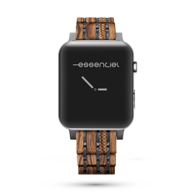 Bracelet Apple Watch en Noyer Luigi présenté sur un poignet.