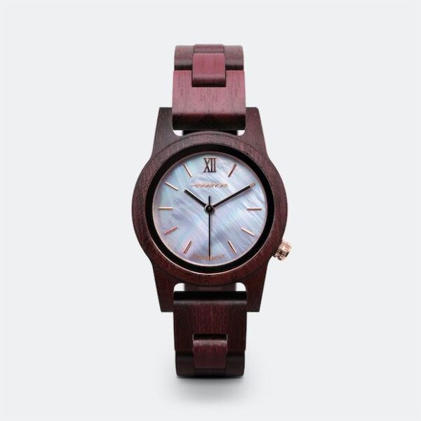 Montre haut de gamme en bois d’Amarante Pearl, nuances du rose pâle au brun rouge