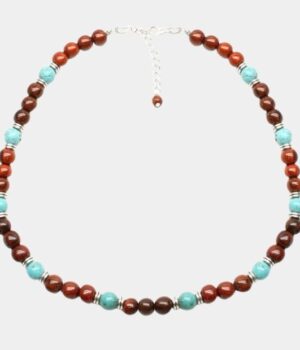 Collier Oscar en bois d'acajou et pierres naturelles turquoise, un accessoire tendance et élégant pour sublimer votre style.