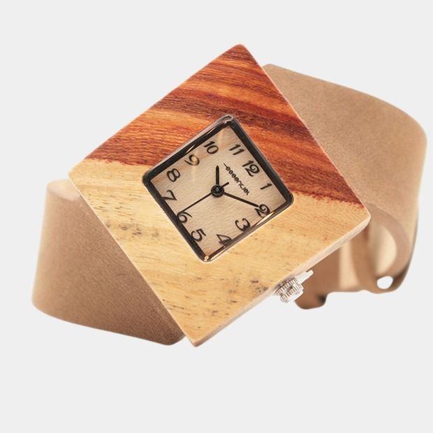Montre en cuir et bois Square Brun avec boîtier carré et bracelet en cuir marron