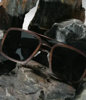 Lunettes de soleil CARTER en bois de palissandre, forme rectangle, pour hommes, posées sur une surface naturelle.