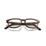 Lunettes en bois KALYSPOS pour femmes, monture rectangulaire et branches multicolores en acétate bio.
