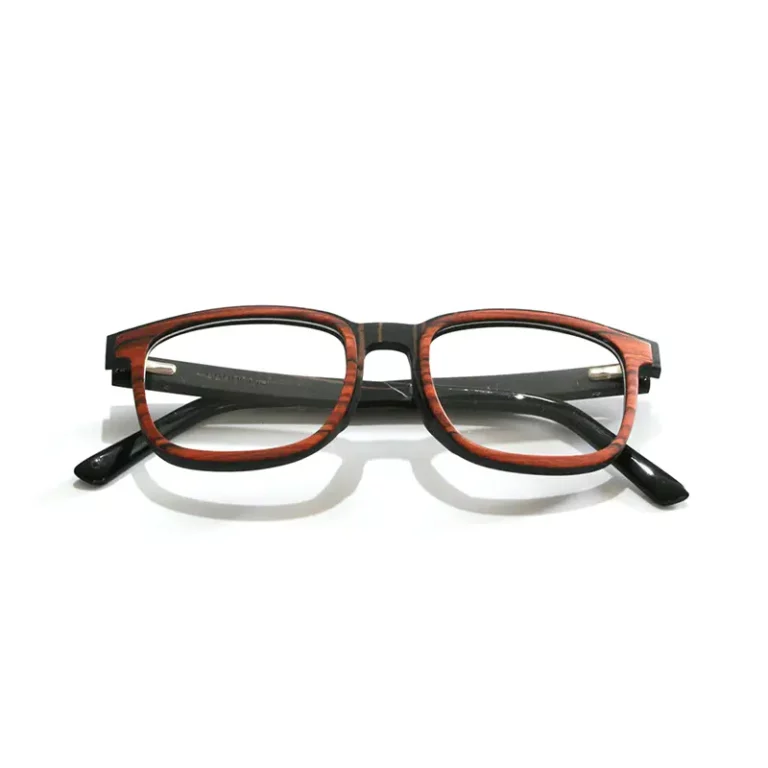 Lunettes en bois KALYSPOS pour femmes, monture rectangulaire et branches multicolores en acétate bio.