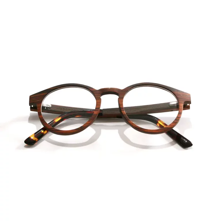 Lunettes en bois pour femme, modèle Paul Optic 1, avec monture légère et branches en acétate bio.