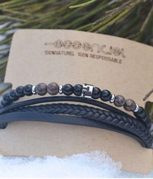 Yannys : L'Accessoire Masculin en Cuir & onyx noir avec pierres naturelles marron