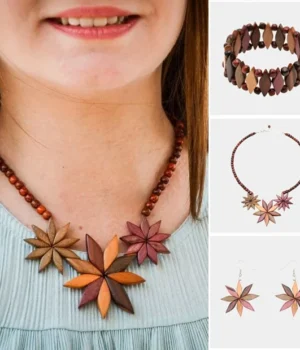 Coffret bijoux bois Flora avec collier, bracelet et boucles d'oreilles en bois multicolore.