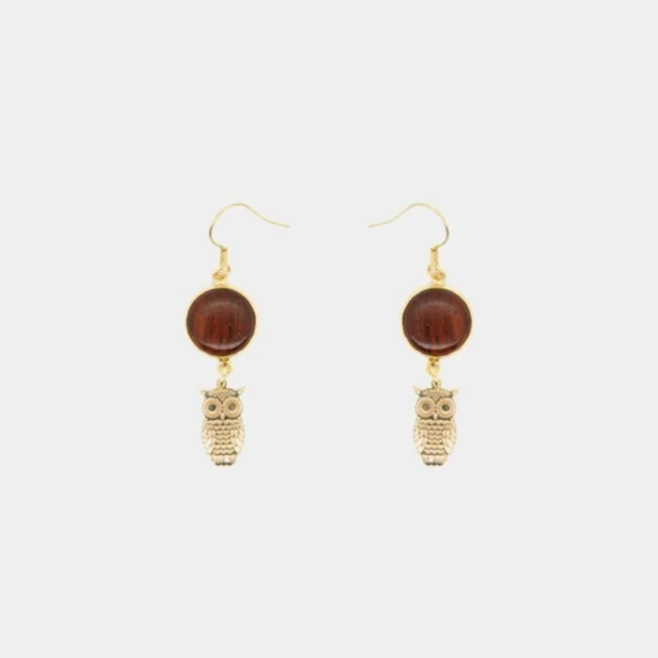 Boucles d'oreilles bois et chouette en doré Marlyne