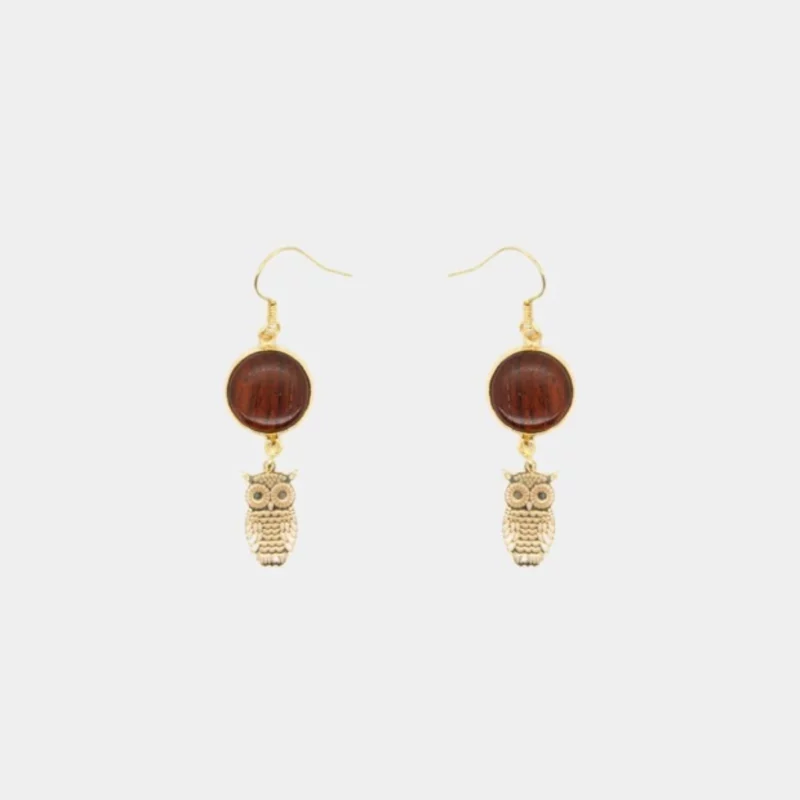 Boucles d'oreilles bois et chouette en doré Marlyne