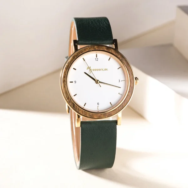 Montre femme noyer métal et cuir émeraude Cyntia