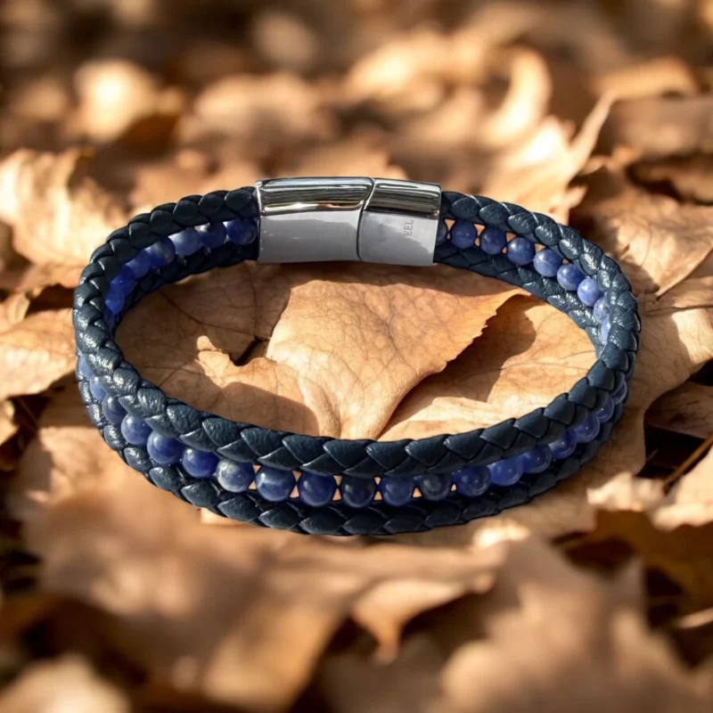 Bracelet homme multi-rangs cuir pierres bleue Walid