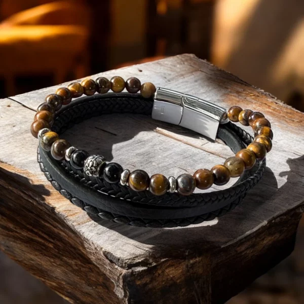 Bracelet homme multi-rangs cuir et oeil du tigre Marlon